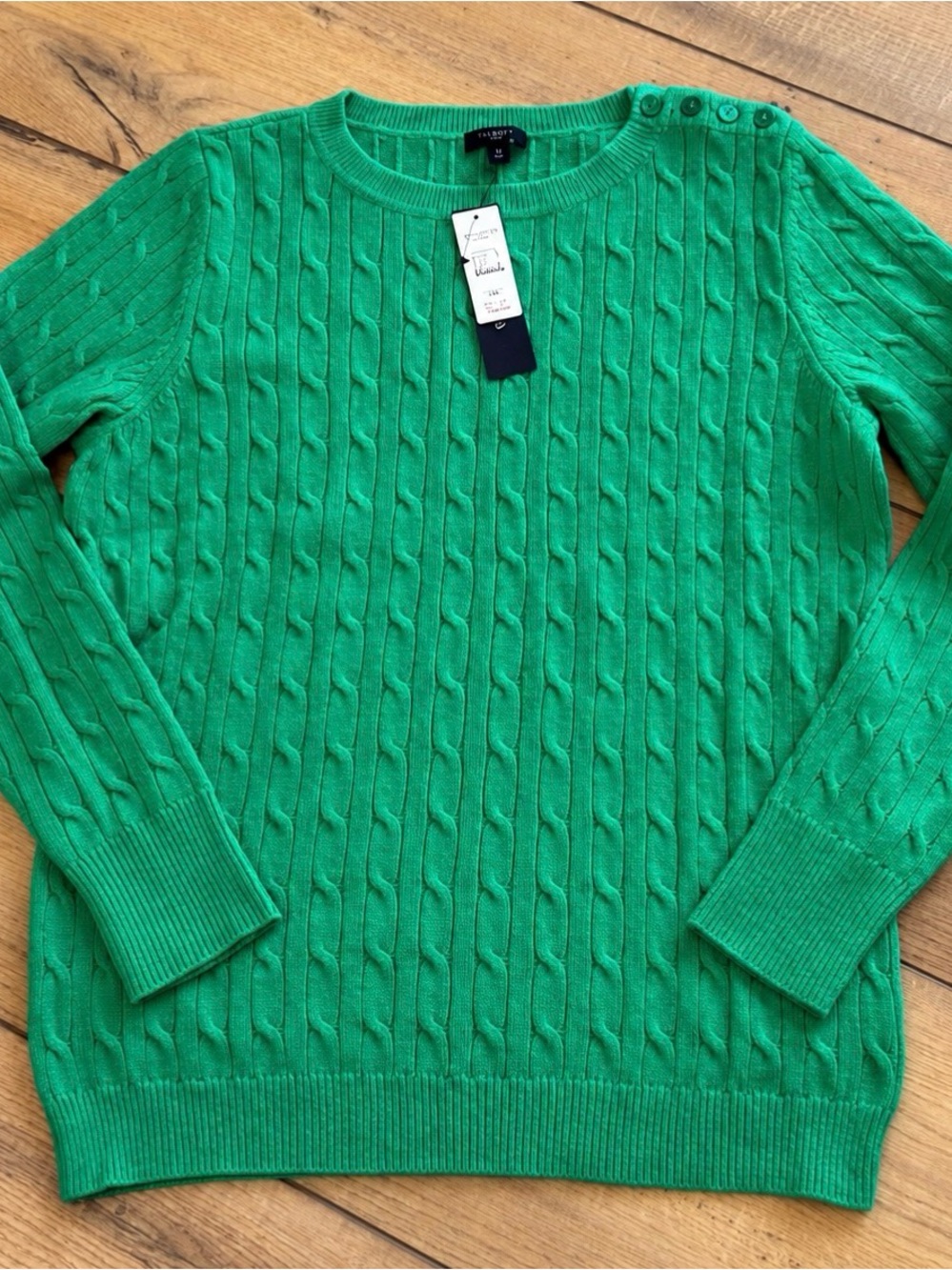 Talbots Bright Green Cable-Knit Crewneck Sweater with Shoulder Buttons